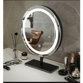   Harmony 40 fekete keretes kerek álló pipere tükör 3 színű led világítással 40x40 cm