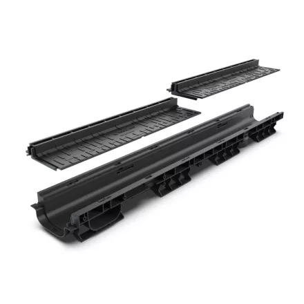 BASE vízelvezető folyóka készlet – PP, LN100, Hext.105 mm, Polipropilén (PP) rács, A15, 1000 mm