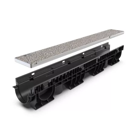 BASE vízelvezető folyóka készlet – PP, LN100, Hext.135 mm, INOX rács szürke, A15