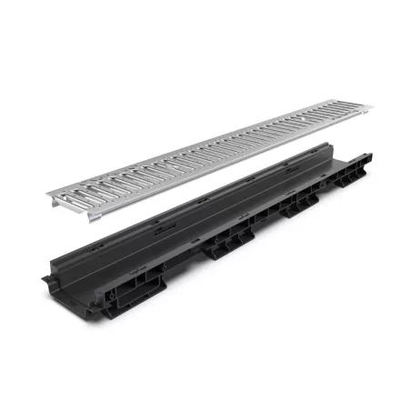 BASE vízelvezető folyóka készlet – PP, LN100, Hext.60 mm, INOX rács, A15