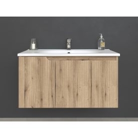   Piramida EURIDIKA fali fürdőszobabútor - műmárvány mosdóval -3 ajtós - PINO TÖLGY - 100 x 48 x 53 cm