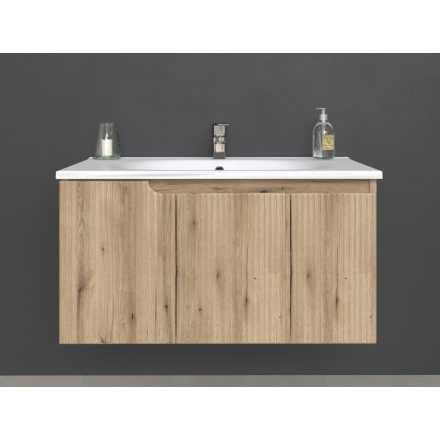 Piramida EURIDIKA fali fürdőszobabútor - műmárvány mosdóval -3 ajtós - PINO TÖLGY - 100 x 48 x 53 cm