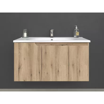 Piramida EURIDIKA fali fürdőszobabútor - műmárvány mosdóval -3 ajtós - PINO TÖLGY - 100 x 48 x 53 cm