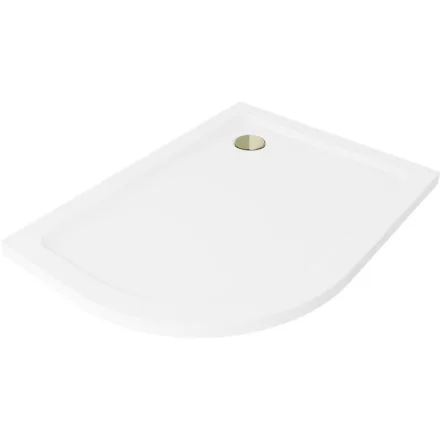 Mexen Flat Slim aszimmetrikus íves akril zuhanytálca 90 x 80 cm, jobbos, fehér, arany szifonnal