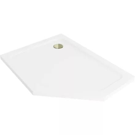 Mexen Flat Slim ötszögletű akril zuhanytálca 100 x 80 cm, balos, fehér, arany szifonnal