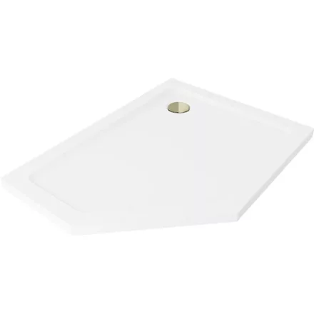 Mexen Flat Slim ötszögletű akril zuhanytálca 90 x 80 cm, jobbos, fehér, arany szifonnal