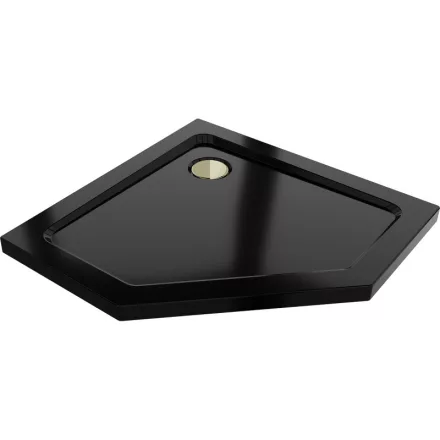 Mexen Flat Slim ötszögletű akril zuhanytálca 100 x 100 cm, fekete, arany szifonnal