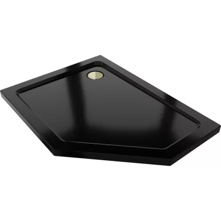 Mexen Flat Slim ötszögletű akril zuhanytálca 90 x 80 cm, balos, fekete, arany szifonnal