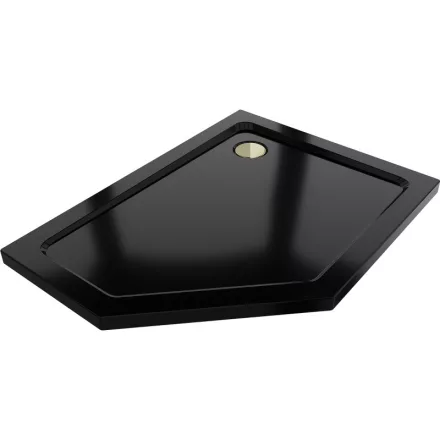 Mexen Flat Slim ötszögletű akril zuhanytálca 100 x 90 cm, jobbos, fekete, arany szifonnal