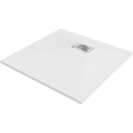 Mexen Hugo kőhatású SMC zuhanytálca 90 x 90 cm, fehér, inox takarólemezzel, szifonnal