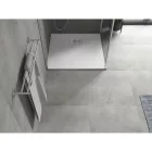 Mexen Hugo kőhatású SMC zuhanytálca 90 x 90 cm, fehér, inox takarólemezzel, szifonnal