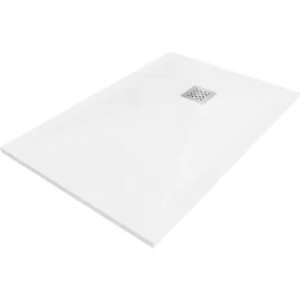  Mexen Stone+ kőhatású kompozit zuhanytálca 120 x 80 cm, fehér, inox takarólemezzel, szifonnal