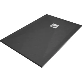   Mexen Stone+ kőhatású kompozit zuhanytálca 120 x 80 cm, antracit, inox takarólemezzel, szifonnal