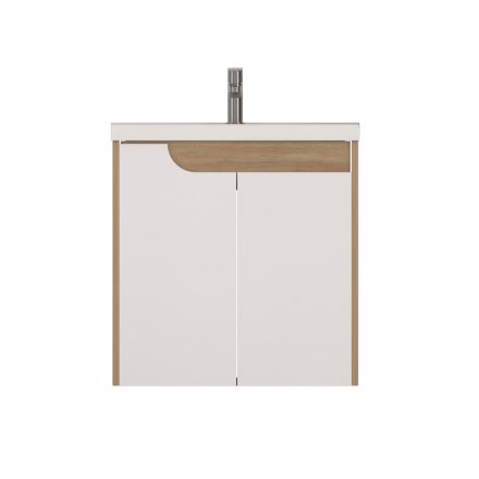 Piramida EURIDIKA fali fürdőszobabútor - műmárvány mosdóval -2 ajtós - FEHÉR-TÖLGY - 60 x 46 x 62 cm