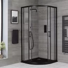 Stuxi Delhi Black 90x90 cm íves két tolóajtós zuhanykabin 6 mm vízlepergető biztonsági üveggel, fekete elemekkel, 190 cm magas