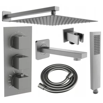 Mexen Cube DR02 termosztátos falsík alatti zuhanyrendszer 25 cm-es esőztetővel, kádtöltő kifolyóval, szálcsiszolt grafit