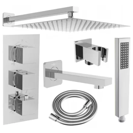 Mexen Cube DR02 termosztátos falsík alatti zuhanyrendszer 30 cm-es esőztetővel, kádtöltő kifolyóval, króm