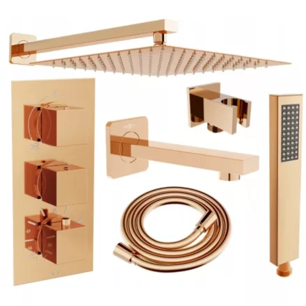 Mexen Cube DR02 termosztátos falsík alatti zuhanyrendszer 30 cm-es esőztetővel, kádtöltő kifolyóval, rózsaarany
