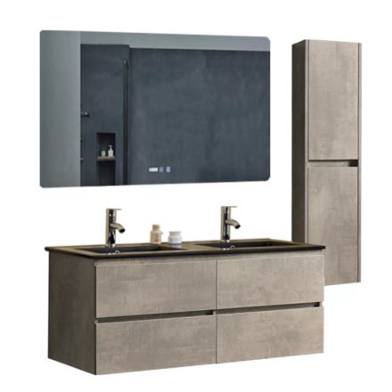 Hongkong Duo Loft Beton 120 komplett fürdőszoba bútor szett fali mosdószekrénnyel, fekete dupla mosdóval, tükörrel, szekrénnyel