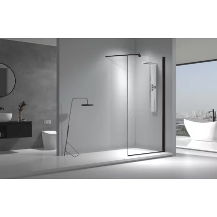 Stuxi Aqua Black Walk-in zuhanyfal, 130x200 cm, 8 mm vastag vízlepergető biztonsági üveggel, 200 cm magas, fekete profillal, távtartóval és küszöbbel
