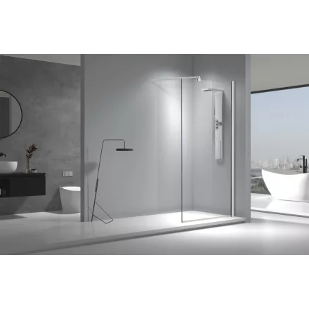 Stuxi Aqua Walk-in zuhanyfal, 100x200 cm, 8 mm vastag vízlepergető biztonsági üveggel, 200 cm magas, króm profillal, távtartóval és küszöbbel