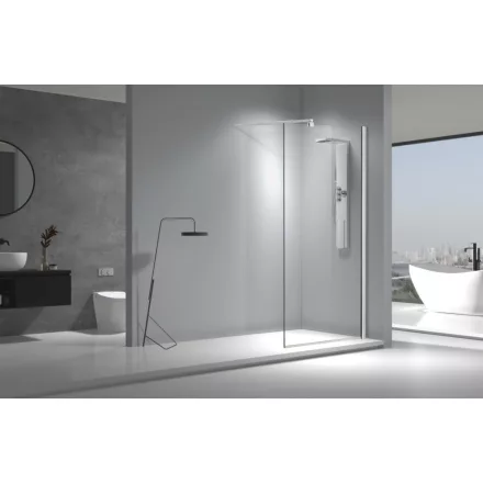Stuxi Aqua Walk-in zuhanyfal, több méretben, 8 mm vastag vízlepergető biztonsági üveggel, 200 cm magas, króm profillal, távtartóval és küszöbbel