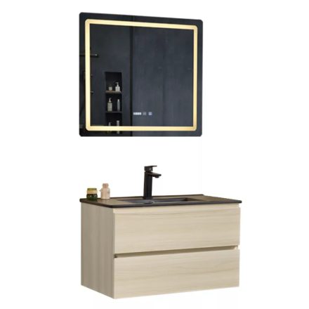 Hongkong Sonoma 80 komplett fürdőszoba bútor fali mosdószekrénnyel, fekete slim kerámia mosdóval és tükörrel