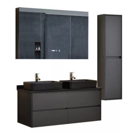 ZEN 120 Exclusive komplett fürdőszoba bútor szett mosdószekrénnyel, dupla fekete mosdótállal, tükrös szekrénnyel, szekrénnyel
