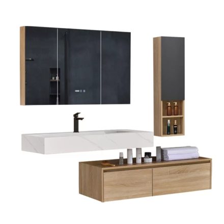 Toronto 120 Exclusive komplett fürdőszoba bútor szett mosdószekrénnyel márványmintás mosdópulttal, tükrös szekrénnyel, szekrénnyel