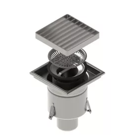   STAINLESS inox padlóösszefolyó – 200×200 mm, rács, függőleges kimenet DN110
