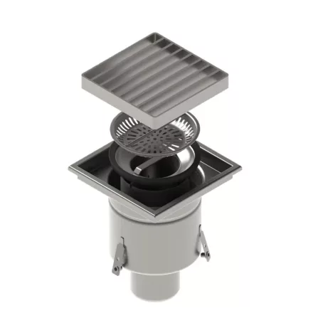 STAINLESS inox padlóösszefolyó – 200×200 mm, rács, függőleges kimenet DN110