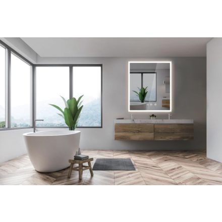 AREZZO design szögletes páramentes tükör LED világítással, órával és hőmérővel, 60x70 cm