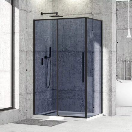 Diplon 120x80 cm fekete keretes tolóajtós aszimmetrikus zuhanykabin, 6 mm edzett füstüveggel, 195 cm magas