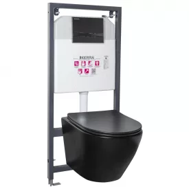   Delos BL Adriatic Black fekete perem nélküli fali WC szett, falba építhető wc tartállyal, nyomólappal, wc ülőkével