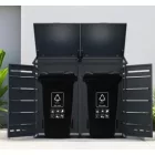 Kültéri zárható kukatároló porfestett acélból, faerezet nyomattal – 2 db kukához