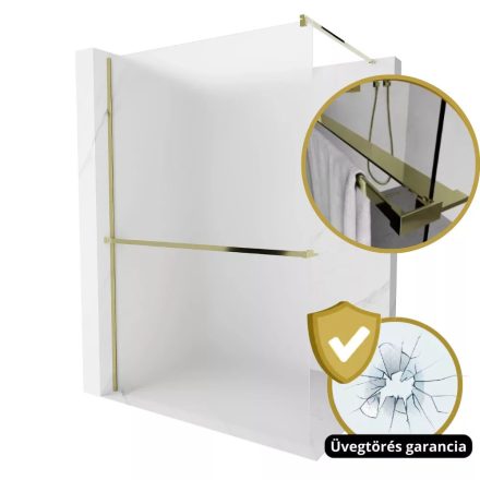 Arlo+ Matt Gold Walk-In zuhanyal, 8 mm vastag vízlepergető biztonsági matt üveggel, 200 cm magas, arany profillal és távtartóval