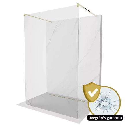 Arlo Light Gold Szabadonálló Walk-In zuhanyfal 8 mm vastag vízlepergető biztonsági üveggel, 200 cm magas, két távtartóval