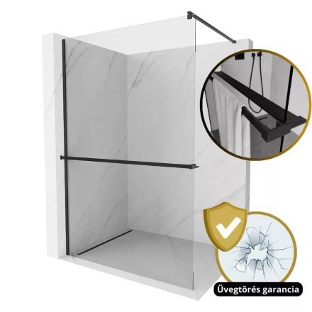 Arlo Plus Black Walk-In Nano zuhanyfal 130 cm, 8 mm vastag vízlepergető biztonsági üveggel, fekete színű, 200 cm magas