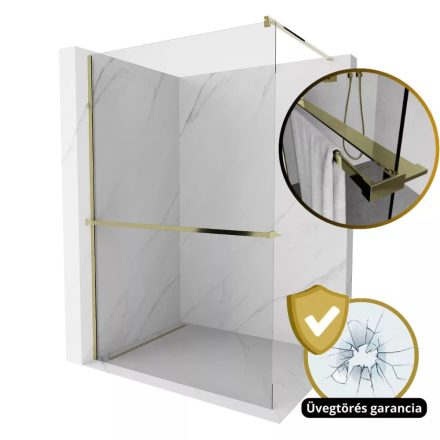 Arlo Plus Gold Walk-In Nano zuhanyfal több méretben, 8 mm vastag vízlepergető biztonsági üveggel, arany színű, 200 cm magas