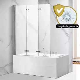   Leo Chrome 120x140 összecsukható 3 szárnyú kádparaván 5 mm vastag vízlepergető biztonsági üveggel, króm elemekkel