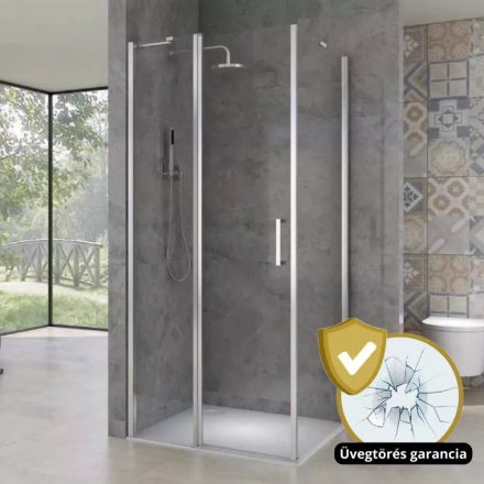 London 110x120 aszimmetrikus szögletes fix+nyílóajtós zuhanykabin 6 mm vastag vízlepergető biztonsági üveggel, 195 cm magas, króm