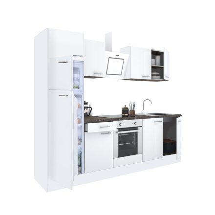 Yorki 280 konyhablokk fehér korpusz,selyemfényű fehér front alsó sütős elemmel felülfagyasztós hűtős szekrénnyel