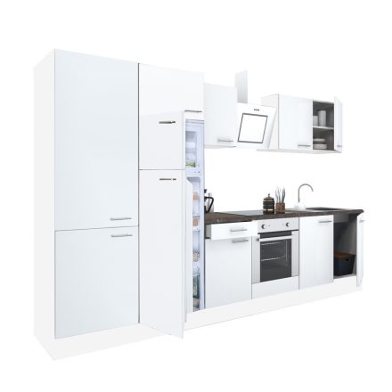 Yorki 330 konyhablokk fehér korpusz,selyemfényű fehér front alsó sütős elemmel polcos szekrénnyel és felülfagyasztós hűtős szekrénnyel