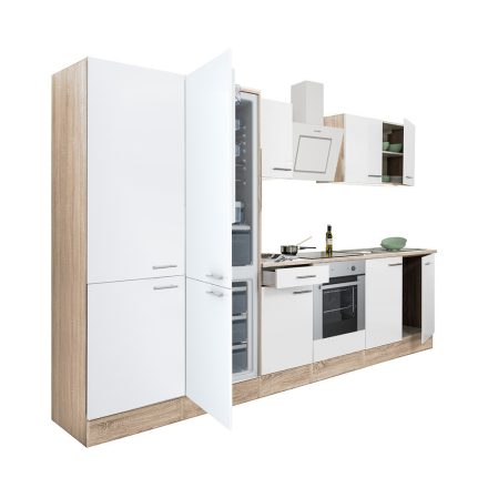 Yorki 330 konyhablokk sonoma tölgy korpusz,selyemfényű fehér front alsó sütős elemmel polcos szekrénnyel és alulfagyasztós hűtős szekrénnyel