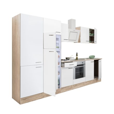 Yorki 330 konyhablokk sonoma tölgy korpusz,selyemfényű fehér front alsó sütős elemmel polcos szekrénnyel és felülfagyasztós hűtős szekrénnyel