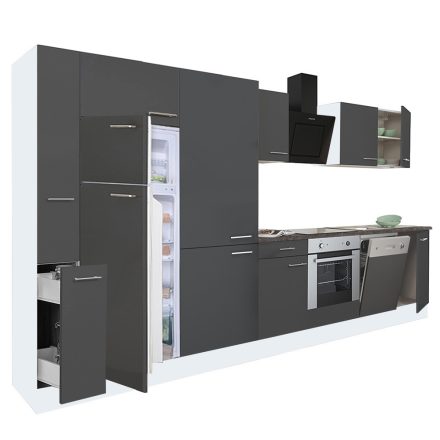 Yorki 370 konyhablokk fehér korpusz,selyemfényű antracit front alsó sütős elemmel polcos szekrénnyel és felülfagyasztós hűtős szekrénnyel