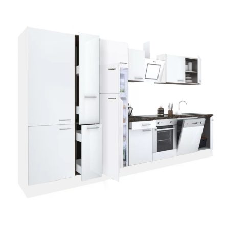 Yorki 370 konyhablokk fehér korpusz,selyemfényű fehér front alsó sütős elemmel polcos szekrénnyel és felülfagyasztós hűtős szekrénnyel