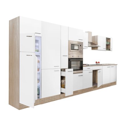 Yorki 420 konyhablokk sonoma tölgy korpusz,selyemfényű fehér fronttal felülfagyasztós hűtős szekrénnyel