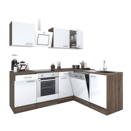 Yorki 220 sarok konyhablokk yorki tölgy korpusz,selyemfényű fehér fronttal alsó sütős elemmel