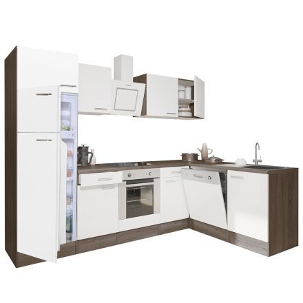 Yorki 280 sarok konyhablokk yorki tölgy korpusz,selyemfényű fehér front alsó sütős elemmel felülfagyasztós hűtős szekrénnyel